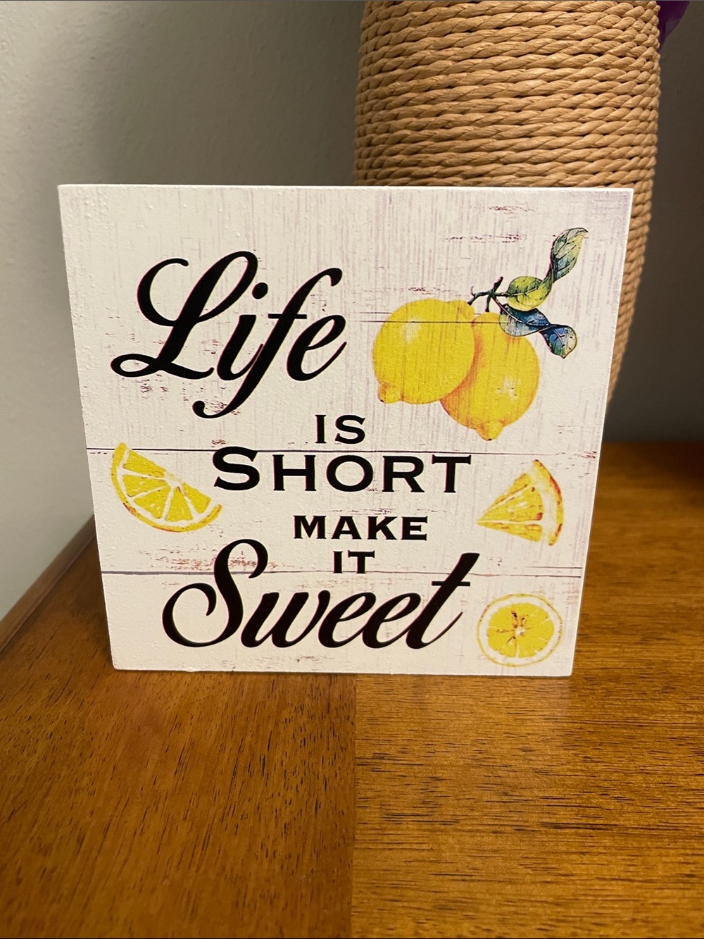 LIFE IS SHORT MAKE IT SWEET Rustic Wood Sign Lemons Graphic Tabletop Wall Decor